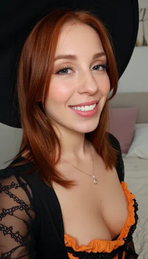 an intimate selfie of a bashful milf awkwardly attempting to be seductive in her cozy bedroom with minimalist feminine decor, the photo focuses on her adorable mousey face with prominent overbite and awkward goofy lopsided smile as she blushes shyly, huge expressive eyes in a mischievous coy glance as she surprises and embarrasses herself with her boldness, she has a triangular face with soft coppery ginger hair, her amateur pose is adorably awkward and bashful as she stands to show off her outfit, showcase of girl-next-door non-conventional beauty, she's wearing a Halloween sexy witch costume
