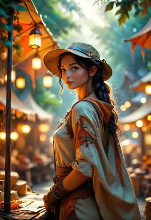 [KTA], geometric, artistic, fantasy art, luminous shadow landscape, female huntress cartoon figure, market, canopy, dynamic, fairy tale. on Parchment, /KlTTY-ART/, <lora:COMFYUI_mimic_landscape_-_XL_SDXL v2.0:.1>, <lora:attractive_notrigger:.1>, <lora:MJ52:.1>