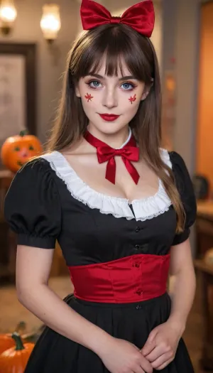 HDR, UHD, 8K, best quality, masterpiece, absurdres, extremely detailed, BREAK
halloweencoser, wan4, 1girl, hat, solo, blue eyes, bangs, black hair, looking at viewer, black headwear, red lips, realistic, bow, halloween, facial mark, blurry, closed mouth, smile, heart, makeup, red bow, short hair, blunt bangs, facepaint, lips, bowtie, neck ribbon, shirt, red bowtie, red ribbon, black shirt, ribbon, jack-o'-lantern, nose, brown hair, facial tattoo, indoors, lipstick, upper body, dress, blurry background, collared shirt, depth of field, eyeliner, grey eyes
BREAK
Pumpkin, pumpkin lantern, BREAK, <lora:halloweencoser-000008:1>