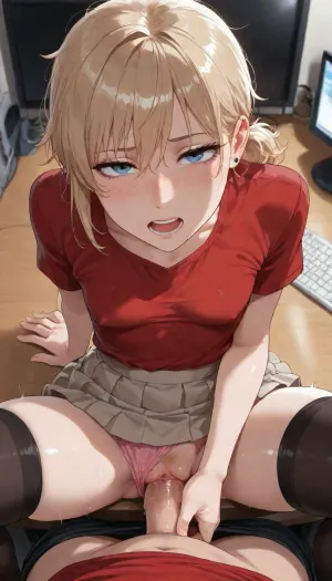 25 yo woman, blonde hair, short hair, very messy hair, low ponytail, symmetrical eyes, snub nose, detailed blue eyes, looking up, aroused, orgasm, (looking into my eyes:1.3), love, black eyeliner, pierced ears, small chest, erect nipples, moaning, solo, freckles everywhere, realistic, (red t-shirt tucked in), (light brown pleated skirt), (black thighhighs), (pink panties pulled to side:1.3), (pov:1.3), (sitting on table:1.3), sex on table, sitting computer desk, turned on computer monitor, in office, (blonde pubic hair), in front of me, (vaginal penetration), deep inside, penis in vagina, skin texture, table sitting sex, (legs spread), (knees apart), masturbating, touching herself, hand on penis, panties, pulled, to, side, <lora:Pussy_pants_nohands_D03_realvizXL2_bucket_01-000010:.8>, thin legs, <lora:NEOTOKIOXL_0.2_RC:.4>, view from above, upclose