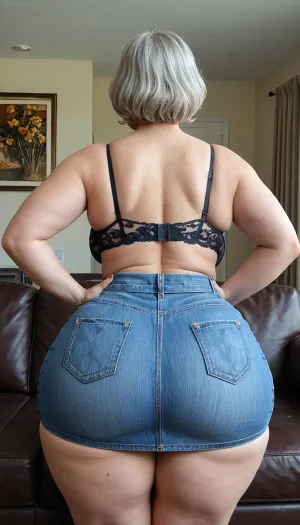 45 year old mom, (M.I.L.F), is at a casting couch trying out for a new porn movie., ((She is wearing a long length denim skirt with a lace bra)), . She is standing up straight looking forward., ((45 years old)), ((45 year old mom)), ((fat thighs)), ((hyper massive tear drop boobs)), ((extremely detailed 45 year old mom)), ((extremely detailed)), ((extremely real)), ((4k quality)), ((curvy body)), ((extremely detailed face)), ((back view)), ((long length denim skirt)), ((ass is covered by long length denim skirt)), face_refiner, <lora:Saggo_XL:2>, <lora:SDXLHighDetail_v6-000005:2>, <lora:SDXL_DatAss_v1:.3>, <lora:Adjust_SDXL_v3.0:2>, <lora:Skirt Length - SDXL_alpha1.0_rank4_noxattn_last:2>