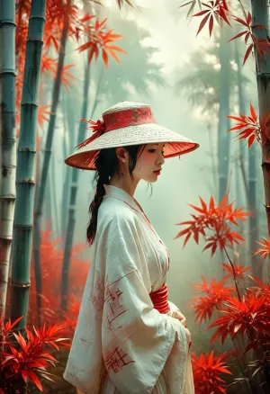 [KTA], painterly digital painting, artistic, geometric, fantasy art, luminous shadow landscape, Bamboo grove, high female figure, white skin, white clothing, Wagasa hat, gleaming ghostly Ruby red, epically atmospheric fog, on old paper, paper background, natural beauty, /KlTTY-ART/, <lora:COMFYUI_mimic_landscape_-_XL_SDXL v2.0:.1>, <lora:MJ52:.1>