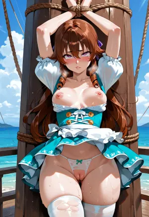 masterpiece, best quality, ultra-detailed, photorealistic, highres, 4k, (Satoshi Urushihara anime style), original, maximum details, high quality, high resolution, ultra high detailed character, highly detailed, Perfect face, perfect body, perfect eyes, perfect pupils, perfect fingers, .

Gracile female, (perfect beautiful face), petite girl, cute albino girl, (short brown hair, short ringlet strands), extremely skinny, eyelashes and eyebrows, ((violet eyes)), lots of freckles, flat breasts, exposed breasts, narrow butt, petite hips, (ripped brown dirndl, tattered skirt, torn pair of panties), stockings, wet venus pussy, cameltoe, nipple slip, full-face blush, girl is a born slut, (ecstatic ahegao face with tears), (arousal:1.3), bouncing breasts, biting her lips, ahegao, .

tied up Girl, (girl‘s arms are tied to a huge mast, arms bound above the head), girl tied to mast, girl‘s legs are spread wide, tied up legs, Girl is on Bord of an huge old sailing ship, huge muscular pirate, typical pirate clothing, beard, huge pirate is fingering her pussy, On deck, endless ocean, (outside), Fleshy, lips, Puffy, Detailed, wide, rope, black, tape, gag, bondage, <lora:Lips._Fleshy_lips_Anime-000009:.8>, <lora:BUT_SDXL_SHS:1.2>, <lora:Jeweled eyes-NAI:1.9>, <lora:bdsm_SDXL_1_:.8>