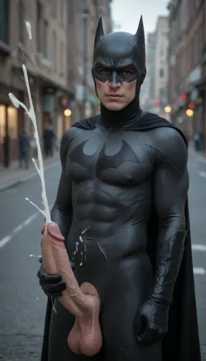 Batman, (real complete Batman Outfit), enormous thick dick, stroking dick, (heavy cumming:1.5), (ejaculation:1.8), in Gotham City.