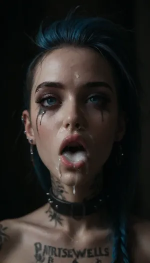 Emo punk, 21, (insanely sexy:1.5), elegant, slim, perfect breasts, very big bimbo lips, slim nose, big blue eyes, (aristocratic facial features), blue hair, very long eyelashes, oval face, thin eyebrows, (narrow face:1.3), strong makeup, (colourful body tattoos), (piercings:1.5), collar, (mascara tears:1.3), (ruined punk hairstyle:1.4), errected nipples, eye contact, (mouth slightly open:1.4), (cum swells out of her mouth:2.3), (extremely horny:1.5), ((excessive cum on face:1.3)), sunshine, shadows, detailxl, woman, cum, on, face, 1girl, emo, girl, <lora:Portrait_perfection:2>, <lora:JustCum:2>, <lora:2010s_Emo_Style_XL:2>, <lora:dark:.1>, <lora:detailer-xl:1.3>
