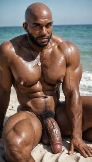 Solo male, masterpiece, best quality, photo, photorealistic, highest details, HD, perfect photographic, hot black African daddy male model, older bald hairy black gay male, black daddy gay man, 50 years-old age, hairy chest, hug pecs, ((huge pumped hyper nipples)), bald head, muscular, big hairy muscles, laying on the beach confident, hot, sexy, big flaccid penis, huge cock, (enormous nipples), big balls, angry face posing to camera, full body lenghth front view, oiled skin