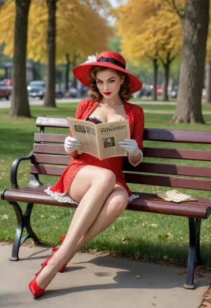 NSFW, Pin-up style 1950's, american woman in red polka dots reading newspaper in living public park, sitting on the bench, slim body, long legs, black lace stockings with garter belt, vintage lace gloves, red stiletto heels, lite small sunhat, (spread legs for good visible pussy:1.4), (no panties:1.4), very much people around background, <lora:add-detail-xl:2>, <lora:detailed_notrigger:2>