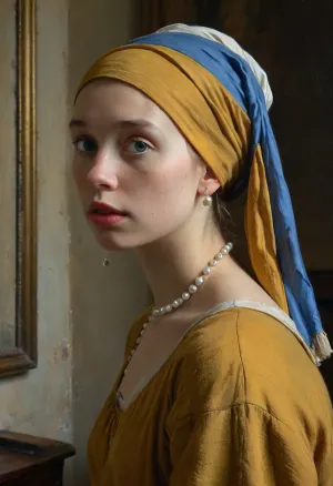 woman, ((Vermeer "Girl with a Pearl Earring")), 18 yo, very huge tits, side view, upper body view, style, of, Jan, Vermeer, <lora:tbh122-sdxl:.8>