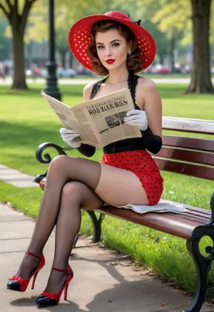 NSFW, Pin-up style 1950's, american woman in red polka dots reading newspaper in living public park, sitting on the bench, slim body, long legs, black lace stockings with garter belt, vintage lace gloves, red stiletto heels, lite small sunhat, (spread legs for good visible pussy:1.4), (no panties:1.4), very much people around background, <lora:add-detail-xl:2>, <lora:detailed_notrigger:2>