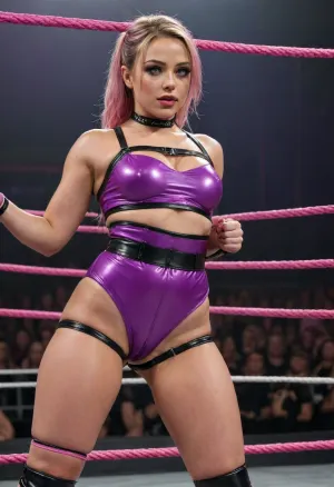 8K UHD, realistic masterpiece, maximum quality, maximum details, maximum realism, score 9, score 8 up, score 7 up, side view, (wrestling ring), (Tied to ring ropes:1.2), (latex crotchless shorts, harness, purple, pink, black, high heel boots), (exposed breast, exposed vagina, wet skin), cum dripping from pussy, (Endless_Up_SDXL_Neg:1.3), rope, black, bondage, <lora:Creat0r_MagicDetailzV2_FIX:1.1>, <lora:bdsm_SDXL_1_:1.1>, <lora:Liv_Morgan:1.6>