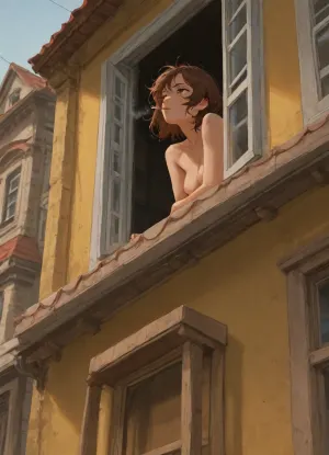 yellow building, red shingles roof, 3 storey building, view from a cozy street, low shot, open window, topless woman looking out of the window on the 3rd floor, leaning out of window, arms on windowsill, smoking a cigarette, small boobs, short brown hair, messy hair, hair in the wind, neutral face, looking up