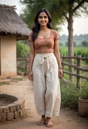 A setting imbued with an authentic indian rural atmosphere, an old wooden well, a dusty village road, sagging wooden fences, wildflowers, stacked firewood, old apple trees, a vegetable garden in the background, a warm summer day, a cinematic golden hour, realistic rural textures, the nostalgic aesthetic of a indian village mixed with a luxurious fashion photoshoot. A very beautiful and attractive rural indian Tamil housewife, clearly about 20 years old, possesses a mature feminine beauty with noticeable signs of age, slight wrinkles around the eyes and smile, confident, mature features, a light tan from many years of rural life, a sophisticated rather than youthful appearance, a slender figure with a narrow waist and lush breasts, wide hips, and a huge bottom. She bends over in a doggy pose, facing the village well. She stands on tiptoes, leaning low forward, resting her slightly bent arms on the well. She stands on tiptoe, bathed in natural daylight, and a rural landscape can be seen in the background. She is dressed in carefully tailored traditional village attire, a faded cotton blouse with a floral print in the style of late indian village clothing, a light linen apron tied tightly at the waist, emphasizing her silhouette, and slightly rolled-up sleeves—practical yet feminine village attire, worn fabric, a low neckline revealing large, beautiful breasts, and a light scarf casually tied over her dark hair. The woman's body convulses with happy and orgasm, and the simultaneous happy and orgasm are visible on the woman's face. Behind the young woman, a village boy—in a rough white shirt with rolled-up sleeves, suspenders, worn trousers pulled down to the knees, and dirty boots—is fucking her with his thick, sinewy cock, his trousers pulled down. This is rough sex from behind—anal sex, hardcore penetration from behind. Photorealistic image, 8K resolution, sharp texture detail, natural skin tones, warm summer lighting, background bokeh, fashion photography style. Side view, medium shot only. Realistic aging, 85mm lens, Kodak Portra cinematic color correction, high-quality commercial shooting in a rustic style