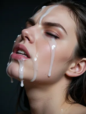 Digital artwork style. a close-up, head-and-shoulders portrait of a woman with white semi transparent cum on her cheeks, forehead, eye, lips, chin, and neck. head tilted back. one eye open, one eye tightly squeezed shut with cum on it. Her facial expression is angry with furrowed brows, cum across the closed eye. Her face is partially covered in a white, semi transparent cum that is dripping from her chin and lower lip. dark background., Rey