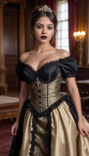 shallow depth of field, 85mm lens, ((18-year-old)), beautiful, athletic, (young), (petite), (Latina girl:1.6), ((black eye shadow with black lipstick)), ((Blunt Bangs brunette hair)), ((tight large breasts)), (untrimmed bushy pubic hair), (exposed breasts:1.6), (Victorian opulent court dress:1.6), ((inside an opulent apartment living room)), direct eye contact, warm glow, cinematic atmosphere
