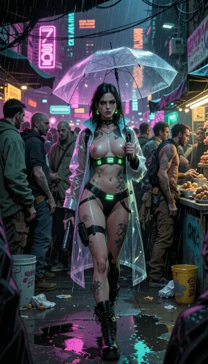 late 1990s American comic book art, gritty cyberpunk satire, a woman in a walking through a chaotic overcrowded night street market in a decaying future megacity.
medium size tits, strong makeup, tattoos, wry tired expression, futuristic chastity belt with blinking lights, thigh strap with a holstered gun, buttoned-up transparent see-through plastic raincoat, cheap transparent plastic umbrella, heavy combat boots
crowd of grotesque characterful people, transients with body modifications and tattoos, street vendors selling absurd food, stacked neon signs, cluttered billboards, graffiti, hanging cables, trash, rain puddles, her naked body under the raincoat is the only pristine thing in the scene, (dense background detail full of sight gags:1.2), bold brush inks, heavy spot blacks, fine crosshatching on faces and fabric, lightly caricatured realistic anatomy, early digital coloring with smooth gradients and glows, sickly green and murky purple base tones with neon magenta, cyan and toxic yellow light