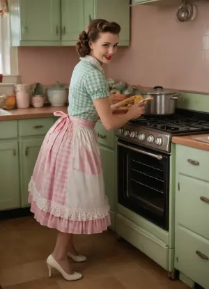 An image of a vibrant 1950s kitchen, featuring a beautiful American housewife in a frilled apron. She is standing with straight legs and bending over to place a cherry pie inside an open vintage oven, positioned in the centre of the image. The scene is richly coloured, with pastel hues of mint green and soft pink dominating the kitchen decor.

Use warm, diffuse lighting to create an inviting atmosphere, accentuating the textures of the gingham fabric of her apron and the glossy finish of the pie. The composition should place the camera behind her. Emphasize a nostalgic, wholesome mood with a realistic, detailed style that captures the warmth and charm of the 1950s.