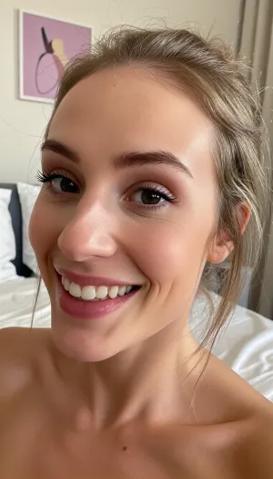 a close-up intimate selfie of a bashful milf awkwardly attempting to be seductive in her cozy bedroom with minimalist feminine decor, the photo focuses on her adorable mousey face with prominent overbite and awkward goofy lopsided smile as she blushes shyly, huge expressive eyes in a coy glance, she has a triangular face with a high forehead and soft blonde hair pulled back in a low messy updo, her amateur pose is adorably awkward and bashful, showcase of girl-next-door non-conventional beauty