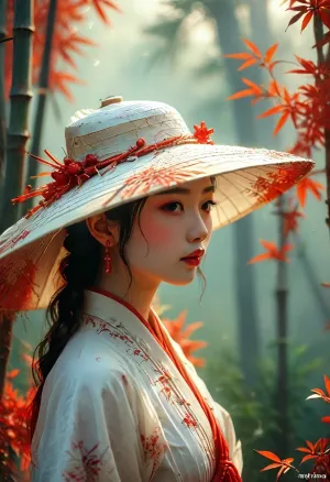 [KTA], painterly digital painting, artistic, geometric, fantasy art, luminous shadow landscape, Bamboo grove, high female figure, white skin, white clothing, chinese wuxia wide brim veiled hat, gleaming ghostly Ruby red, epically atmospheric fog, on old paper, paper background, natural beauty, /KlTTY-ART/, <lora:COMFYUI_mimic_landscape_-_XL_SDXL v2.0:.1>, <lora:MJ52:.1>