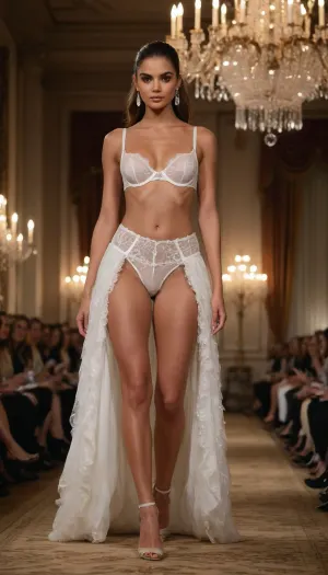 Create an image of a high-fashion runway show set in a grand, opulent ballroom with ornate chandeliers and luxurious decor. The scene captures a lingerie model exuding poise and elegance, striding confidently down the runway. She is dressed in a short, white, see-through crotch-less panties and under-boob bra. features intricate frilly textures, embodying a fusion of modern fashion-forward style and timeless natural elegance. The lighting casts a warm glow, highlighting the model's grace in motion and the luxurious details of her attire. The audience, dressed in sophisticated attire, watches in awe, adding to the royal vibes of the event. The overall mood is one of glamour and sophistication, celebrating beauty and style in a culturally rich and elegant setting.