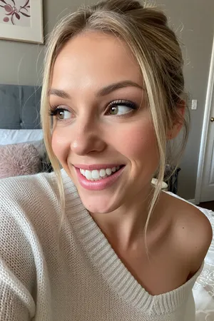a close-up intimate selfie of a bashful milf awkwardly attempting to be seductive in her cozy bedroom with minimalist feminine decor, the photo focuses on her adorable mousey face with prominent overbite and awkward goofy lopsided smile as she blushes shyly, huge expressive eyes in a bashful side-eye glance, she has a triangular face with a high forehead and soft blonde hair pulled back in a messy updo, she wears a loose comfy sweater coyly falling off one shoulder, her amateur pose is adorably awkward and bashful
