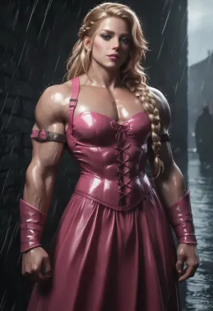 Rain and storm broken by godray from the night-sky, photorealistic drawing, hypermuscular Lagertha wearing a pink viking-princess outfit, pink-leater peaches-costume, 25 years old, muscled androgynous muscle-male, long blonde hair, very tall hourglass-bodyshape, braided hair with braided-bangs, very muscular top, Viking pink-raid in background with burning medieval village at coast, massive muscles, huge hands holding giant realistic doublebladed-battleaxe, (pink leather-corset), ovhatt, bothnd, onehnd, front, view, side, overhead, shimmering skin, reflecting wet floor, <lora:bodybuilder:2>, <lora:dark:.8>, <lora:OverheadAttack.0.9:.8>, <lora:Microwaist_XL_v01:.8>