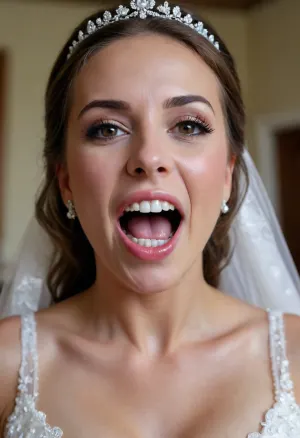 3/4 body shot of happy woman wearing wedding dress with cum on her forehead, open mouth, (cum in mouth:1.3)