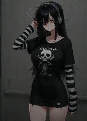 (gloomy sleepy girl, (anorexic:1.6), skinny legs, (gloomy eyes:1.5), emo, dark eyes, eye bags, tired, (sleepy:1.4), massive breasts, headset), solo
