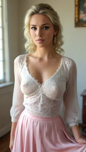 ((Full Body Porträt:2)), of 2000's teacher, 27 years old, ((natural, large, plump, full, curvy, cheeky, peaky, saggy, big tits:1.5)), ((large, conical, puffy, speaky, pink areolae:1.5)), ((large, exrta long, erect, stiff, peaky, pink nipples:1.5)), ((sexy blond bob wiht sexy wild messy bun:1.5)), ((high bouffant hairstyle with shoulder and neck length sidelocks:1.5)), black roots showing on her scalp, braless, (((wearing a white blouse:1.5))), ((very long blouse with long sleeves and lace embroiderys:1.5)), (((very deep plunging neckline:1.5))), (((very deep push up cleavage:1.5))), (((Blouse wide open:1.5))), ((only the bottom 2 buttons are closed:1)), ., (((Breasts partially exposed:1.5))), (((pleated silk aline skirt:1.5))), (((very long skirt:1.5))), (((very sheer ivory skirt with lace embroiderys:1.5))), heals, huge, breasts, massive, puffy, nipples, dark, ghost, wide, ((full body view:2)), ((front view:1.5)), <lora:bralessSDXL_v1_00022:.5>, <lora:chest_adjust:.1>, <lora:SDXL_MassiveCowsLoRA_v1:.1>, <lora:Nipples XL:.5>, <lora:MJ52:.5>
