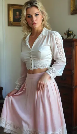 ((Full Body Porträt:2)), of 2000's teacher, 27 years old, ((natural, large, plump, full, curvy, cheeky, peaky, saggy, big tits:1.5)), ((large, conical, puffy, speaky, pink areolae:1.5)), ((large, exrta long, erect, stiff, peaky, pink nipples:1.5)), ((sexy blond bob wiht sexy wild messy bun:1.5)), ((high bouffant hairstyle with shoulder and neck length sidelocks:1.5)), black roots showing on her scalp, braless, (((wearing a white blouse:1.5))), ((very long blouse with long sleeves and lace embroiderys:1.5)), (((very deep plunging neckline:1.5))), (((very deep push up cleavage:1.5))), (((Blouse wide open:1.5))), ((only the bottom 2 buttons are closed:1)), ., (((Breasts partially exposed:1.5))), (((pleated silk aline skirt:1.5))), (((very long skirt:1.5))), (((very sheer ivory skirt with lace embroiderys:1.5))), heals, huge, breasts, massive, puffy, nipples, dark, ghost, wide, ((full body view:2)), ((front view:1.5)), <lora:bralessSDXL_v1_00022:.5>, <lora:chest_adjust:.1>, <lora:SDXL_MassiveCowsLoRA_v1:.1>, <lora:Nipples XL:.5>, <lora:MJ52:.5>