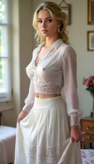 ((Full Body Porträt:2)), of 2000's teacher, 27 years old, ((natural, large, plump, full, curvy, cheeky, peaky, saggy, big tits:1.5)), ((large, conical, puffy, speaky, pink areolae:1.5)), ((large, exrta long, erect, stiff, peaky, pink nipples:1.5)), ((sexy blond bob wiht sexy wild messy bun:1.5)), ((high bouffant hairstyle with shoulder and neck length sidelocks:1.5)), black roots showing on her scalp, braless, (((wearing a white blouse:1.5))), ((very long blouse with long sleeves and lace embroiderys:1.5)), (((very deep plunging neckline:1.5))), (((very deep push up cleavage:1.5))), (((Blouse wide open:1.5))), (((wide open blouse:1.5))), ((only the bottom 2 buttons are closed:1)), ., (((Breasts partially exposed:1.5))), (((pleated silk aline skirt:1.5))), (((very long skirt:1.5))), (((very sheer ivory skirt with lace embroiderys:1.5))), heals, huge, breasts, massive, puffy, nipples, dark, ghost, wide, ((full body view:2)), ((front view:1.5)), <lora:bralessSDXL_v1_00022:.5>, <lora:chest_adjust:.1>, <lora:SDXL_MassiveCowsLoRA_v1:.1>, <lora:Nipples XL:.5>, <lora:MJ52:.5>