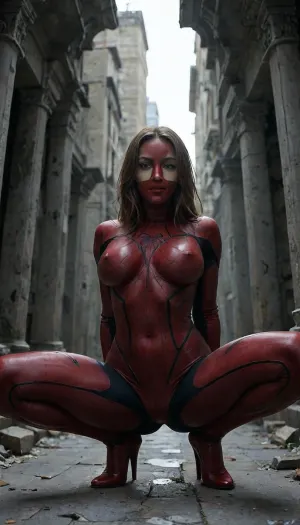 Neo-classical impasto oil painting, low-angle heroic medium shot, Ultimate Jessica Drew, ((Spider-Woman)), costume, athletic build, tense muscular crouch on a weathered gothic architectural ledge, sleek crimson and ochre fabric bodysuit, full fabric face mask, flowing brown hair escaping the mask, deep brown eyes, bimbo breasts, exposed cameltoe pussy, hot squatting, ancient Greek Asclepion temple ruins, dilapidated marble pillars, overgrown ivy, midnight atmosphere, high-contrast chiaroscuro lighting, deep navy shadows, single harsh directional spotlight, distant torchlight flickers, swirling navy mist, deep navy and obsidian color palette, crimson and ochre accents, heavy impasto paint strokes, thick palette-knife ridges, visible canvas grain, thick paint globs, cracked stone textures, weathered marble grain, dynamic diagonal composition, heavy negative space, melancholic dramatic undertone, 35mm anamorphic lens, f/2.8, Kodak Vision3 500T film stock, deep navy and obsidian color grading, micro-textures of woven spandex, macro-textures of crumbling limestone, anatomical tension in calves and thighs, chiaroscuro depth, reminiscent of Caravaggio and Sargent, dramatic recession of shadows, oppressive midnight air, architectural decay, tactile oil paint buildup., Amazingfantasy15, red, and, black, blue, shades, webs, under, the, arms, spider-man, solo, superhero, bodysuit, mask, hotsquat, <lora:checkpoint-e18_s666:.8>, <lora:hotsquatXL_v02:.8>