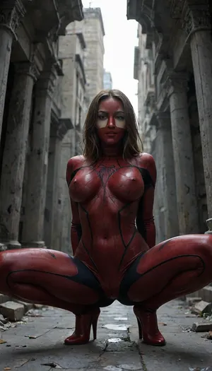 Neo-classical impasto oil painting, low-angle heroic medium shot, Ultimate Jessica Drew, ((Spider-Woman)), costume, athletic build, tense muscular crouch on a weathered gothic architectural ledge, sleek crimson and ochre fabric bodysuit, full fabric face mask, flowing brown hair escaping the mask, deep brown eyes, bimbo breasts, exposed cameltoe pussy, hot squatting, ancient Greek Asclepion temple ruins, dilapidated marble pillars, overgrown ivy, midnight atmosphere, high-contrast chiaroscuro lighting, deep navy shadows, single harsh directional spotlight, distant torchlight flickers, swirling navy mist, deep navy and obsidian color palette, crimson and ochre accents, heavy impasto paint strokes, thick palette-knife ridges, visible canvas grain, thick paint globs, cracked stone textures, weathered marble grain, dynamic diagonal composition, heavy negative space, melancholic dramatic undertone, 35mm anamorphic lens, f/2.8, Kodak Vision3 500T film stock, deep navy and obsidian color grading, micro-textures of woven spandex, macro-textures of crumbling limestone, anatomical tension in calves and thighs, chiaroscuro depth, reminiscent of Caravaggio and Sargent, dramatic recession of shadows, oppressive midnight air, architectural decay, tactile oil paint buildup., Amazingfantasy15, red, and, black, blue, shades, webs, under, the, arms, spider-man, solo, superhero, bodysuit, mask, hotsquat, <lora:checkpoint-e18_s666:.8>, <lora:hotsquatXL_v02:.8>