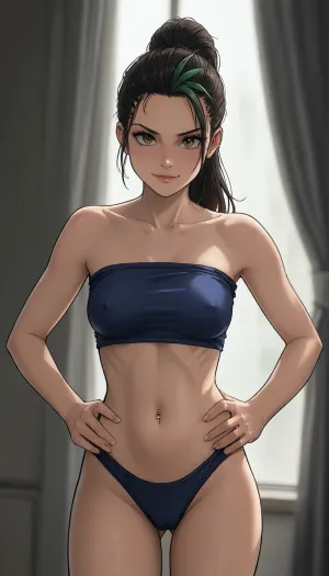 ((markgavatino style)), Melkor mancin style, Milf, mature Nemona from Pokémon, (at doorframe), skinny, pert body, wearing tube top and panties, ((pierced bellybutton)), hands on hips, underboob, nipple outline, cameltoe outline, flirty, seductive smirk, raised eyebrow, high contrast, (dramatic lighting:1), ratatatat74, <lora:ratatatat74-000050:1.5>