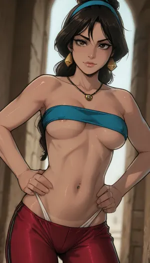 ((markgavatino style)), Melkor mancin style, Milf, mature Jasmine from Aladdin, (at doorframe), ((very dark brown skin, tanned)), skinny, pert body, wearing tube top and panties, ((pierced bellybutton)), hands on hips, underboob, nipple outline, cameltoe outline, flirty, seductive smirk, raised eyebrow, high contrast, (dramatic lighting:1), ratatatat74, <lora:ratatatat74-000050:1.5>