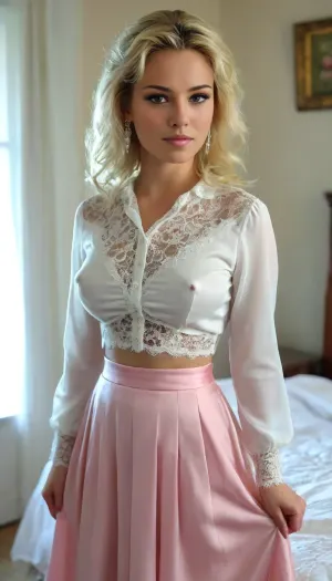 ((Full Body Porträt:2)), of 2000's teacher, 27 years old, ((natural, large, plump, full, curvy, cheeky, peaky, saggy, big tits:1.5)), ((large, conical, puffy, speaky, pink areolae:1.5)), ((large, exrta long, erect, stiff, peaky, pink nipples:1.5)), ((sexy blond bob wiht sexy wild messy bun:1.5)), ((high bouffant hairstyle with shoulder and neck length sidelocks:1.5)), black roots showing on her scalp, braless, (((wearing a white blouse:1.5))), ((very long blouse with long sleeves and lace embroiderys:1.5)), (((very deep plunging neckline:1.5))), (((very deep push up cleavage:1.5))), (((Blouse wide open:1.5))), ((only the bottom 2 buttons are closed:1)), ., (((Breasts partially exposed:1.5))), (((pleated silk aline skirt:1.5))), (((very long skirt:1.5))), (((very sheer ivory skirt with lace embroiderys:1.5))), heals, huge, breasts, massive, puffy, nipples, dark, ghost, wide, ((full body view:2)), ((front view:1.5)), <lora:bralessSDXL_v1_00022:.5>, <lora:chest_adjust:.1>, <lora:SDXL_MassiveCowsLoRA_v1:.1>, <lora:Nipples XL:.5>, <lora:MJ52:.5>