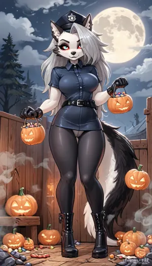 (innv meets jack cayless style), (reiq style, masterpiece, cel-shaded, limited color palette), (((beautiful perfect sexy furry Loona form Helluva boss cartoon body:1.5))), (1girl, solo, alone, 18 year old woman), ((big curves anime body)), ((wolf furry gray skin:1.5)), (gorgeous, seductive face, perfect ads, perfect big breast, muscles body, muscles arms, perfect hands, muscles legs, perfect big ass, sweaty body), (((policewomen hat:1.5), (sexy tight policewoman dress uniform with breast out:1.4), (tight neat panties), (tight policewomen gloves:1.3), (tight policewoman leggings:1.4), (police gloves), (police belt with cuffs), (police high heel boots))), (one of her hand holding a Halloween Candy bucket), (standing doing trick or treat pose), (Halloween Candy, ghost, jack o lanterns pumpkins, candy, blood, moon, steam, wood, smoke, sauna background), ultraviolet light, LoL, Style, cute, doodle, <lora:LCMTurboMix_Euler_A_fix:2>, <lora:FF-Halloween-Full:2>, <lora:cutedoodle_XL-000012:2>, <lora:cartoon_stickers_xl_v1:2>