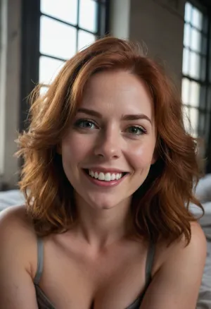An adorable selfie of a bashful milf awkwardly on an unmade bed in front of tall industrial grid windows, backlit by hazy, diffused morning light, in a cozy industrial loft apartment. She has an adorable prominent overbite and awkward goofy lopsided grin as she brightly blushes shyly in a coy expression as she surprises and embarrasses herself with her flirty boldness. Framing her face is a wild and loose halo of long copper-auburn hair. Her amateur pose is adorably awkward and bashful showcasing a non-conventional beauty with girl-next-door charm. Her nose is softly scrunched up adorably as she reveals her cute overbite with big buckteeth with an embarrassed lopsided grin.