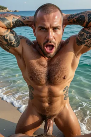 HYPERREALISTIC PHOTOGRAPHIC-STYLE HYPER-DETAILED CINEMATIC PANARANIC VISION WIDE-SCREEN FULL BODY COMPOSITION GOLDEN HOUR GLOW, The most stunningly rugged handsome man imaginable, POV Vuiw down male 25 year old hairy muscular man with huge humongous very hairy massive beefy pecs, massive huge hairy chested hairy happy trail to pubic hairy, cropped shaved head light blond hair, amazing seductive pale green eyes, plump male lips, facial hair, Latino skin tone, Detailed Tattoos on neck, chest, arms, legs and across top shoulder blades Tattooed. Heavily tattooed, looks rugged but Beautifully handsome his firm heart-shaped glutes ass in full view, large thick vainy cock walking into a calm pure aqua sea up to waist vuiw from behind he looks slightly over his shoulder as he walks away from camara into the aqua sea waist deep, a secluded stunning beach, gentle aqua waves wet skin making his tattoos the golden light making his skin glow, Best camera angle, facing me kneeling his humongous huge hairy pec, between my thighs looking up at me as my cock is in his wet mouth sucking my cock POV view my abs hips legs in my perspective view looking down at him, POV Vuiw as his mouth sucks me Deepthroat my own arms out hands behind his head pulling him in to my crotch zoomed in close up POV looking down my torso his head deep between thighs mouth around my cock his eyes lookin up at me