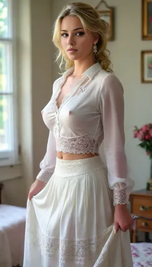 ((Full Body Porträt:2)), of 2000's teacher, 27 years old, ((natural, large, plump, full, curvy, cheeky, peaky, saggy, big tits:1.5)), ((large, conical, puffy, speaky, pink areolae:1.5)), ((large, exrta long, erect, stiff, peaky, pink nipples:1.5)), ((sexy blond bob wiht sexy wild messy bun:1.5)), ((high bouffant hairstyle with shoulder and neck length sidelocks:1.5)), black roots showing on her scalp, braless, (((wearing a white blouse:1.5))), ((very long blouse with long sleeves and lace embroiderys:1.5)), (((very deep plunging neckline:1.5))), (((very deep push up cleavage:1.5))), (((Blouse wide open:1.5))), (((wide open blouse:1.5))), ((only the bottom 2 buttons are closed:1)), ., (((Breasts partially exposed:1.5))), (((pleated silk aline skirt:1.5))), (((very long skirt:1.5))), (((very sheer ivory skirt with lace embroiderys:1.5))), heals, huge, breasts, massive, puffy, nipples, dark, ghost, wide, ((full body view:2)), ((front view:1.5)), <lora:bralessSDXL_v1_00022:.5>, <lora:chest_adjust:.1>, <lora:SDXL_MassiveCowsLoRA_v1:.1>, <lora:Nipples XL:.5>, <lora:MJ52:.5>