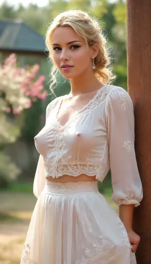 ((Full Body Porträt:2)), of 2000's teacher, 27 years old, ((natural, large, plump, full, curvy, cheeky, peaky, saggy, big tits:1.5)), ((large, conical, puffy, speaky, pink areolae:1.5)), ((large, exrta long, erect, stiff, peaky, pink nipples:1.5)), ((sexy blond bob wiht sexy wild messy bun:1.5)), ((high bouffant hairstyle with shoulder and neck length sidelocks:1.5)), black roots showing on her scalp, braless, (((wearing a white blouse:1.5))), ((long blouse with long sleeves and lace embroiderys:1.5)), (((closed blouse:1.5))), ((deep neckline:1.5)), ((high cleavage:1.5)), ((Blouse partially open at the top to the upper base of the bust:1.5)), ., ((Breasts partially exposed at the top and inside:1.5)), (((pleated silk aline skirt:1.5))), (((very long skirt:1.5))), (((very sheer ivory skirt with lace embroiderys:1.5))), heals, huge, breasts, massive, puffy, nipples, dark, ghost, wide, ((full body view:2)), ((front view:1.5)), <lora:bralessSDXL_v1_00022:.5>, <lora:chest_adjust:.1>, <lora:SDXL_MassiveCowsLoRA_v1:.1>, <lora:Nipples XL:.5>, <lora:MJ52:.5>