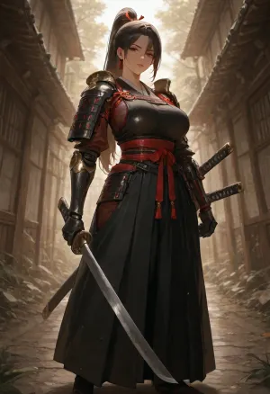 masterpiece, best quality, absurdres, newest, highres, very aesthetic, 1girl, solo, adult, mature female, black_hair, long_hair, high_ponytail, brown_eyes, athletic, medium_breasts, samurai, japanese_armor, hakama, katana, mechanical_arm, prosthetic_arm, cybernetic_arm, standing, full_body, looking_at_viewer, holding_katana, outdoor, dramatic_lighting, detailed_face, detailed_eyes