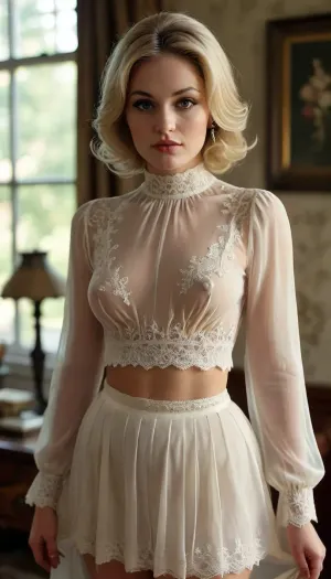 1970's housewife, 27 years old, curvy, long neck, choker, tall long legs, blond bob, high bouffant hairstyle, black roots showing on her scalp, braless, wearing a white sheer, delicate blouse with delicate lace embroidery, (large dark areolas and nipples showing and poking through her blouse:.5), very long, pleated, yvory, sheer aline skirt, heals, <lora:MJ52:.8>, <lora:bralessSDXL_v1_00022:.8>