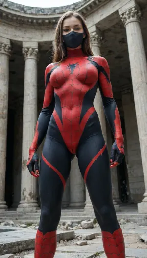 Neo-classical impasto oil painting, low-angle heroic medium shot, Ultimate Jessica Drew, ((Spider-Woman)), costume, athletic build, tense muscular crouch on a weathered gothic architectural ledge, sleek crimson and ochre fabric bodysuit, full fabric face mask, flowing brown hair escaping the mask, deep brown eyes, ancient Greek Asclepion temple ruins, dilapidated marble pillars, overgrown ivy, midnight atmosphere, high-contrast chiaroscuro lighting, deep navy shadows, single harsh directional spotlight, distant torchlight flickers, swirling navy mist, deep navy and obsidian color palette, crimson and ochre accents, heavy impasto paint strokes, thick palette-knife ridges, visible canvas grain, thick paint globs, cracked stone textures, weathered marble grain, dynamic diagonal composition, heavy negative space, melancholic dramatic undertone, 35mm anamorphic lens, f/2.8, Kodak Vision3 500T film stock, deep navy and obsidian color grading, micro-textures of woven spandex, macro-textures of crumbling limestone, anatomical tension in calves and thighs, chiaroscuro depth, reminiscent of Caravaggio and Sargent, dramatic recession of shadows, oppressive midnight air, architectural decay, tactile oil paint buildup., Amazingfantasy15, red, and, black, blue, shades, webs, under, the, arms, spider-man, solo, superhero, bodysuit, mask, <lora:checkpoint-e18_s666:.8>