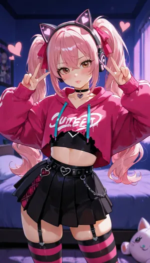 **Prompt, Torn Pink UwU E-Girl — Distressed Gothic 3D Style**

An adorable petite adult woman with an extreme pink UwU E-girl aesthetic, a delicate natural silhouette, and a modest bust. Exceptionally long, fluffy pastel-pink hair flowing past her waist, voluminous soft waves, wispy bangs, and oversized fluffy pink cat-ear headphones.

Huge sparkling brown eyes, dramatic black eyeliner, long eyelashes, rosy cheeks, glossy pink lips, and a cute, slightly melancholic expression.

**Outfit, ** A distressed black-and-pastel-pink cropped hoodie with deliberately torn sleeves, frayed edges, loose threads, distressed fabric panels, and ripped decorative details. A short black pleated mini skirt with distressed hems, decorative safety pins, pink ribbons, and layered chains. Striped arm warmers with small intentional tears, ripped-look thigh-high stockings, a black heart choker, silver jewelry, and cute gothic-kawaii accessories.

The outfit has a bold alternative fashion aesthetic, with stylish cutouts, exposed shoulders, layered fabrics, and a rebellious punk-inspired silhouette. All clothing remains tastefully styled and opaque where appropriate.

**Details, ** Realistic fabric fraying, worn textile fibers, small sweat droplets, slightly tousled pink hair, and a few visible food-sauce stains on the hoodie. Detailed stitching, realistic fabric folds, and cinematic material reflections.

**Pose, ** A playful, confident pose with a slight head tilt, direct eye contact, and expressive cat-like hand gestures.

**Environment, ** A neon-pink gaming bedroom with purple LED lights, plush cats, anime posters, glowing hearts, and a moody alternative aesthetic.

**Rendering, ** Ultra-detailed semi-realistic 3D character, realistic adult facial proportions, individual hair strands, highly detailed distressed fabric, cinematic pink-and-violet lighting, Unreal Engine 5 quality, ambient occlusion, shallow depth of field, premium 4K render.

**Aesthetic keywords, ** Torn kawaii fashion, distressed gothic E-girl, pink punk, long fluffy UwU hair, ripped sleeves, frayed hems, safety-pin accessories, cute rebellious style, cinematic 3D realism.

much young, flat chest tits