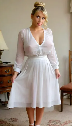 2000's teacher, 27 years old, Colbie Caillat, ((natural, large, plump, full, curvy, cheeky, peaky, saggy, big tits, big:1.5)), ((bum blond bob wiht sexy bun:1.5)), ((high bouffant hairstyle:1.5)), black roots showing on her scalp, braless, ((wearing a white blouse:1.5)), ((pleated silk aline skirt:1.5)), ((very long skirt:1.5)), ((very sheer skirt:1.5)), heals, huge, breasts, massive, puffy, nipples, dark, ghost, wide, full body view, front view, <lora:MJ52:.8>, <lora:bralessSDXL_v1_00022:.5>, <lora:chest_adjust:1.5>, <lora:SDXL_MassiveCowsLoRA_v1:1.5>, <lora:Nipples XL:.8>