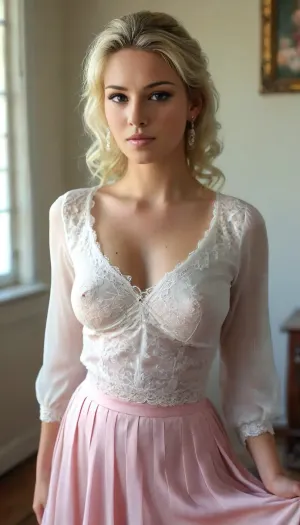 ((Full Body Porträt:2)), of 2000's teacher, 27 years old, ((natural, large, plump, full, curvy, cheeky, peaky, saggy, big tits:1.5)), ((large, conical, puffy, speaky, pink areolae:1.5)), ((large, exrta long, erect, stiff, peaky, pink nipples:1.5)), ((sexy blond bob wiht sexy wild messy bun:1.5)), ((high bouffant hairstyle with shoulder and neck length sidelocks:1.5)), black roots showing on her scalp, braless, (((wearing a white blouse:1.5))), ((very long blouse with long sleeves and lace embroiderys:1.5)), (((very deep plunging neckline:1.5))), (((very deep push up cleavage:1.5))), (((Blouse wide open:1.5))), ((only the bottom 2 buttons are closed:1)), ., (((Breasts partially exposed:1.5))), (((pleated silk aline skirt:1.5))), (((very long skirt:1.5))), (((very sheer ivory skirt with lace embroiderys:1.5))), heals, huge, breasts, massive, puffy, nipples, dark, ghost, wide, ((full body view:2)), ((front view:1.5)), <lora:bralessSDXL_v1_00022:.5>, <lora:chest_adjust:.1>, <lora:SDXL_MassiveCowsLoRA_v1:.1>, <lora:Nipples XL:.5>, <lora:MJ52:.5>