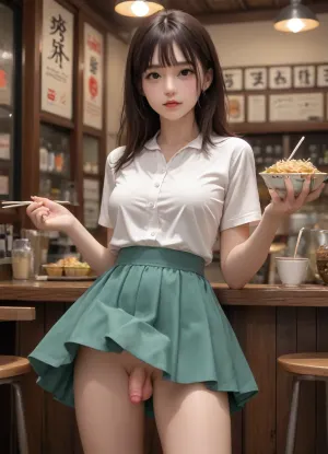 futanari, tall, in a ramen bar, nice tiny cock, upskirt
