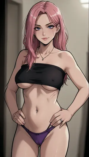 ((markgavatino style)), Melkor mancin style, Milf, wife, pink hair, (at doorframe), bimbo body, wearing black tube top, and purple panties, ((pierced bellybutton)), hands on hips, underboob, pointy nipples, ((cameltoe)), flirty, seductive smirk, raised eyebrow, high contrast, (dramatic lighting:1), ratatatat74, <lora:ratatatat74-000050:1.5>, <lora:mk_Bp Anime_xl:2>