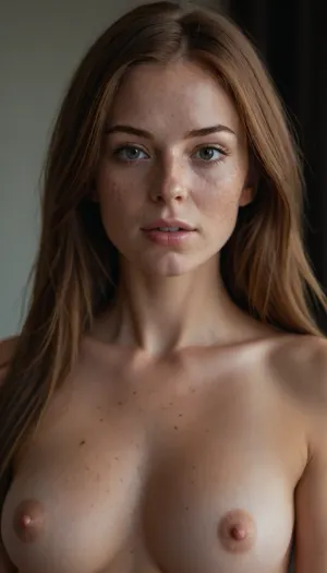 Female pornstar model, naked pussy, perfect lighting, ultra realistic, 8k resolution, ultra detailed, instagram model, professional photography, exposed breasts, Sleek Straight Hair Back, brunette, medium chest, nordic, playful, freckled face, slim body, lifelike face, real face