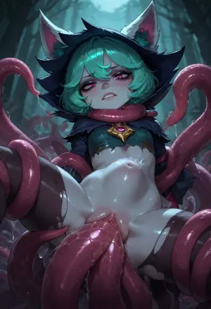 (vex from league of legends, (yordle), torn clothes), solo, tentacles, triple vaginal penetration, stretched pussy, stomach bulge, choking